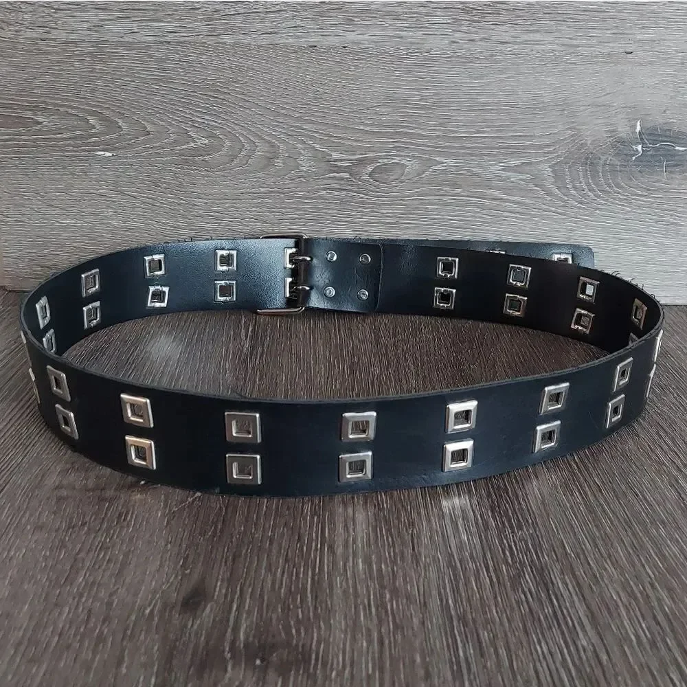 Vintage Retro Punk Black Square Rivet Belt Double Prong Buckle 47